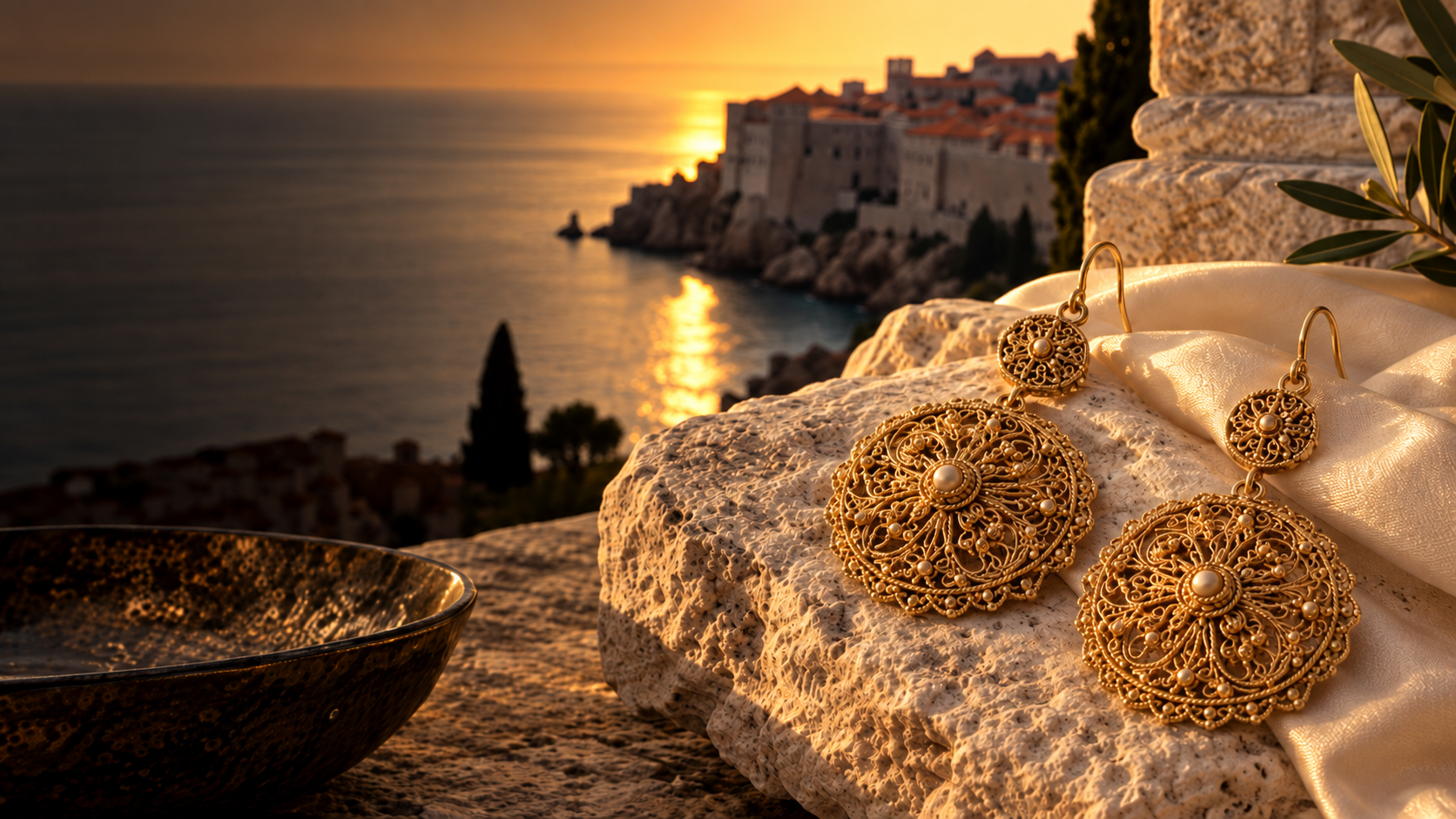 Zlatne filigranske naušnice uz zalazak sunca nad Dubrovnikom